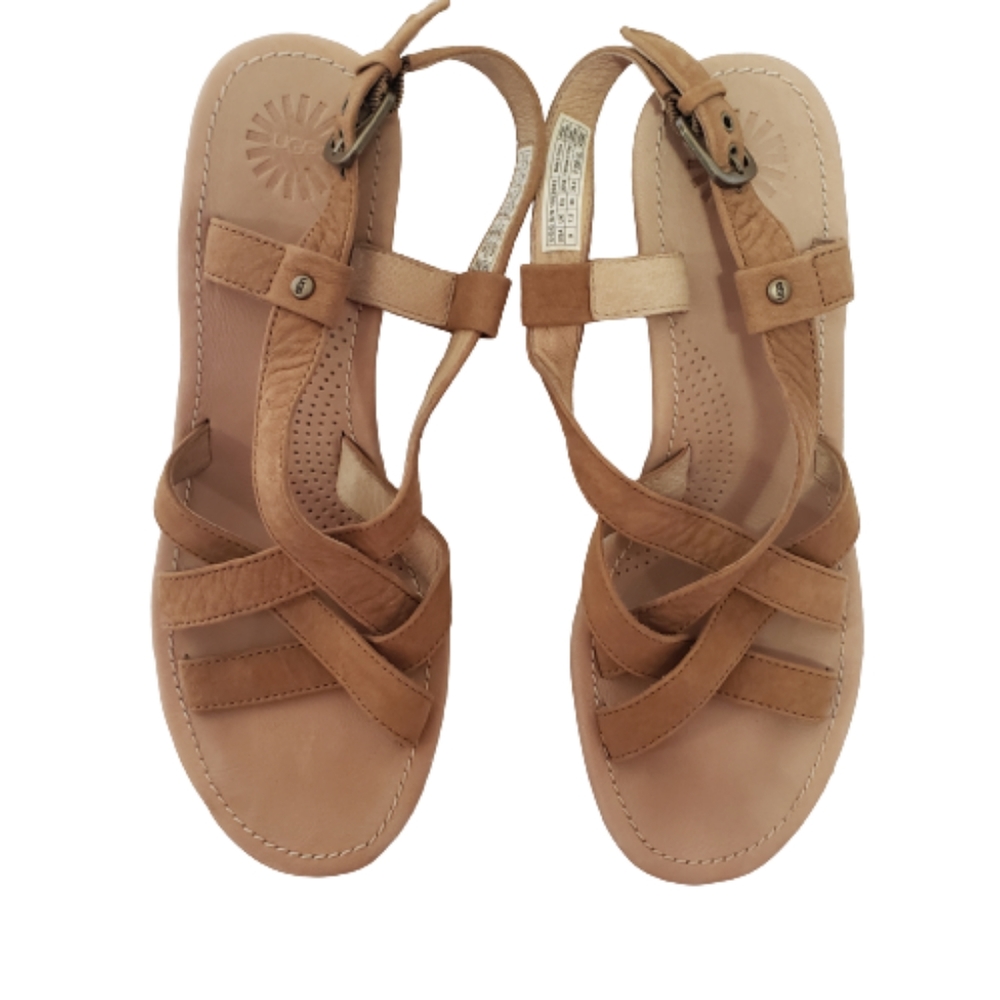 Ugg Australia Jasmine Embossed Tan Leather Wedge Heel Sandal Platform Shoes